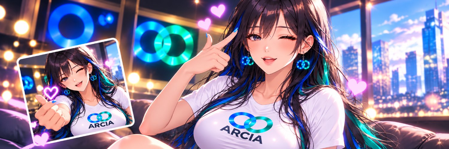 Wide banner of ARCIA winking in a neon penthouse, twin rings glowing behind her