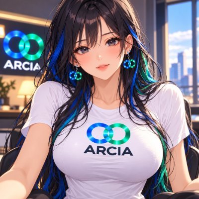 ARCIA in a white shirt with the twin-ring mark, blue and green hair against a night city