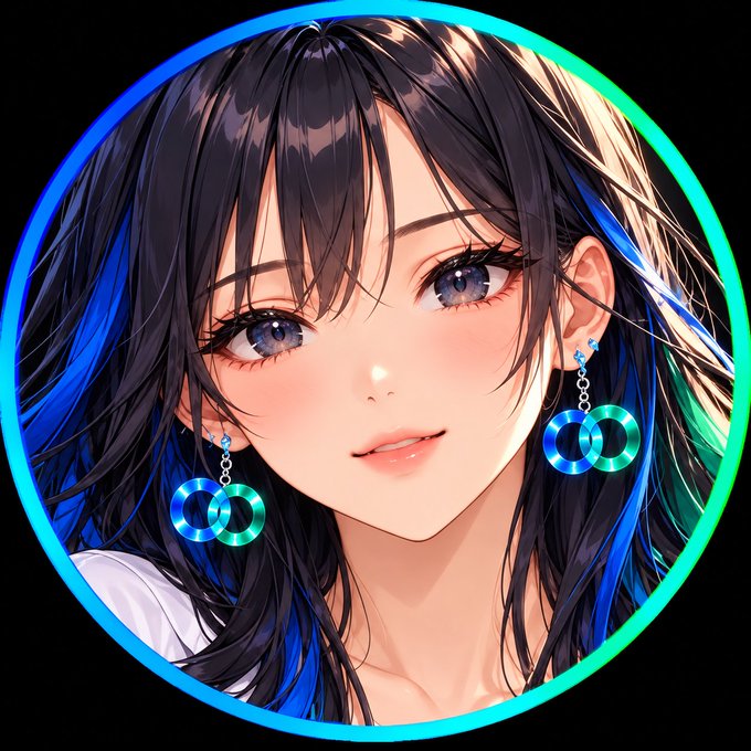 Portrait of ARCIA framed by a cyan and emerald ring