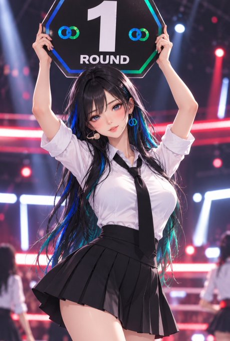 ARCIA on a concert stage, hair lit blue and green, raising a round sign